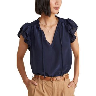 Vineyard Vines Cupro & Silk Flutter Sleeve Top in Nautical Navy at Nordstrom, Size Xx-Small