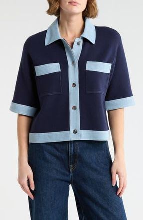 Nanette Lepore Denim Trim Short Sleeve Cardigan in Nanette Navy/Ligh Denim at Nordstrom Rack, Size X-Large