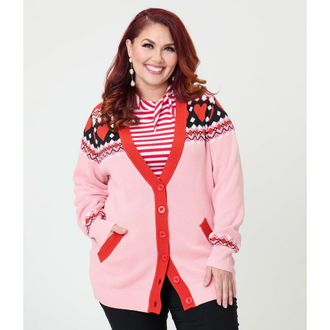 Unique Vintage Plus Size Printed Knit Long Cardigan in Pink Fair Isle Print at Nordstrom, Size 2X
