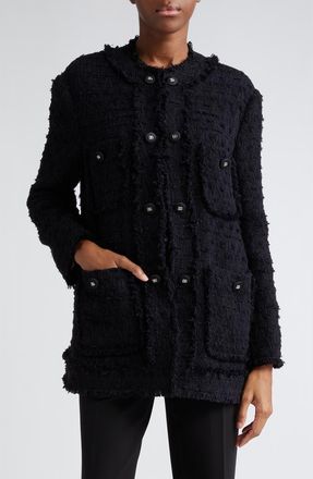 Dolce & Gabbana Logo Button Collarless Tweed Jacket in N0000Nero at Nordstrom, Size 12 Us