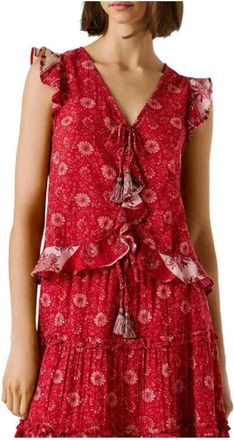 Pepe Jeans London Sleeveless Tops, female, Red, Size: XS Floral Sleeveless Blouse