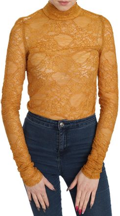 Mangano Mustard Turtle Neck Long Sleeve Lace Top Womens Blouse