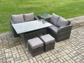 Fimous Garden Patio Furniture Wicker Rattan Oblong Rectangular Dining Table & Loveseat Sofa set with Side Table in Dark Grey