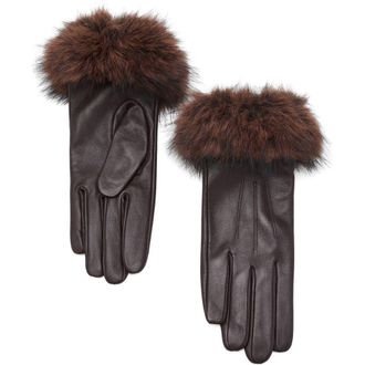 Mango Faux Fur Trim Leather Gloves in Chocolate at Nordstrom, Size Small