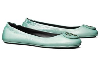 Tory Burch Minnie Travel Ballet With Leather Logo Womens Shoes Audrey Blue : 5 M