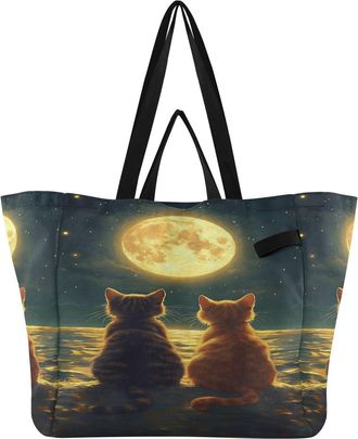 Generic Golden Moon Cat print Reusable Canvas Tote Bag, Heavy Duty Grocery Shopping Bag with Large Capacity Hard Bottom Double Handles Work Groceries Travel