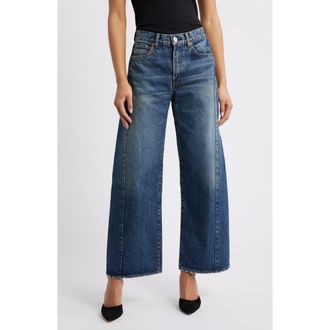 Moussy Vintage Harlem Side Line High Waist Wide Leg Ankle Jeans in Dark Blue at Nordstrom, Size 28
