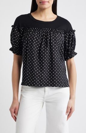 Loveappella Contrast Yoke Puff Sleeve Top in Black/Ivory at Nordstrom, Size X-Small