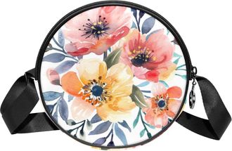 Generic Circle Crossbody Bag for Women, Watercolor Flowers Small Sling Bag Daypack with Zipper Adjustable Shoulder Straps Casual Ladies Girls Round Purse