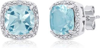 MAX + STONE 925 Sterling Silver 7mm Gemstone and Diamond Accent Halo Cushion Stud Earrings