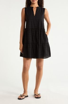 Elan Eyelet Tiered Sleeveless Cover-Up Minidress in Black at Nordstrom, Size X-Small
