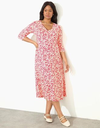 Live Unlimited London Womens Red Ditsy Print Jersey Ruched Front Dress - Size: 16