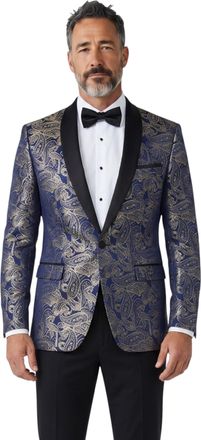 TruClothing Mens Velvet Paisley Floral Blue Gold Tuxedo Blazer - STZ63