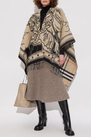 Burberry Wool Poncho With Print, Womens, Beige