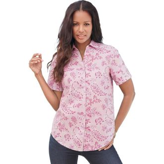 Roaman's Plus Size Kate Short Sleeve Easy Cotton-Blend Button-Front Shirt in Pale Lavender Paisley at Nordstrom, Size 12