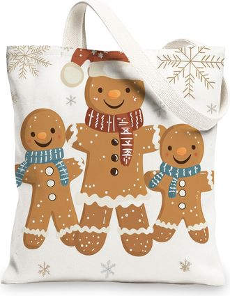 Generic Kid Christmas Gingerbread Man Canvas Tote Bag for Shopping 13x15, Cartoon Fun Xmas Reusable Grocery Print Bag for Women Men, Holiday New Year Aestheti
