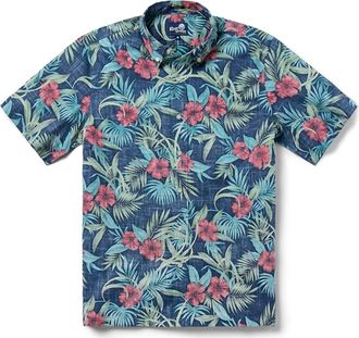 Reyn Spooner Mens Palm Floral Hibiscus Button Front Hawaiian Aloha Shirt In Navy