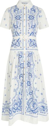 Self Portrait Embroidered Cotton Midi Shirt Dress - White And Blue - 16 (UK16 / XL)