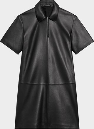 Theory Short-Sleeve Half-Zip Nappa Leather Mini Dress