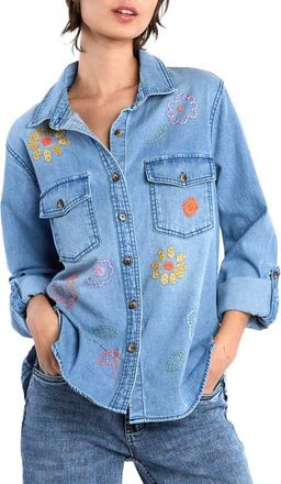 BILLY T Happy Meadow Embroidered Denim Graphic Button-Up Shirt at Nordstrom, Size X-Small