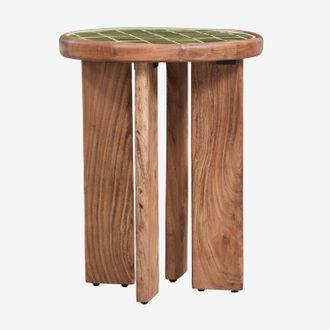 Sklum Mesa Auxiliar Redonda &Oslash;40 Cm En Madera De Acacia Y Azulejos Aitana Sklum