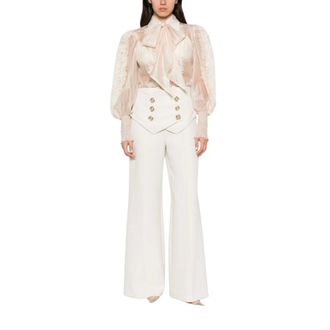 BABYLON Blouse met strikkraag en kanten inzetstukken - Dames - Blouses & Shirts - Beige - Maat: 2XL