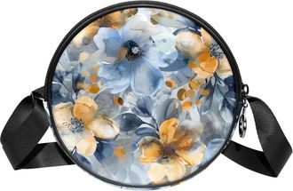 Generic Circle Crossbody Bag for Women, Floral Leaves Small Sling Bag Daypack with Zipper Adjustable Shoulder Straps Casual Ladies Girls Round Purse