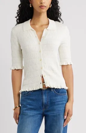 Open Edit Textured Short Sleeve Cardigan in Ivory at Nordstrom, Size Xx-Small