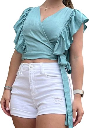 Glam Wink Tie Side Ruffle Trim Crop Top In Teal
