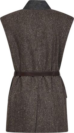 Brunello Cucinelli Womens Belted Chevron Vest Brown Virgin Wool Jacket