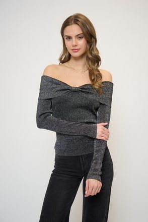 Central Park West Colette Ribbed Lurex Off The Shoulder Sweater in Black at Nordstrom, Size X-Small