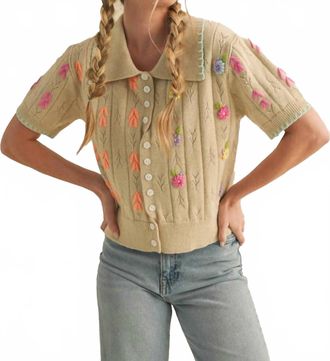 Merci Hand Embroidered Short Sleeve Button Down Sweater In Beige