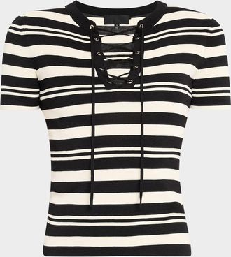 Nili Lotan Oaklynn Stripe Lace-Up Silk T-Shirt
