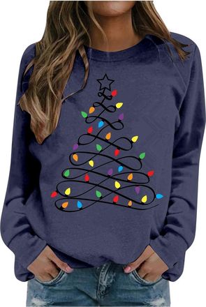 Generic Christmas Sweatshirts Women Xmas Tree Graphic Print Jumpers Ladies Long Sleeve Drop Shoulder Pullover Casual Loose Crew Neck Holiday Tops Navy