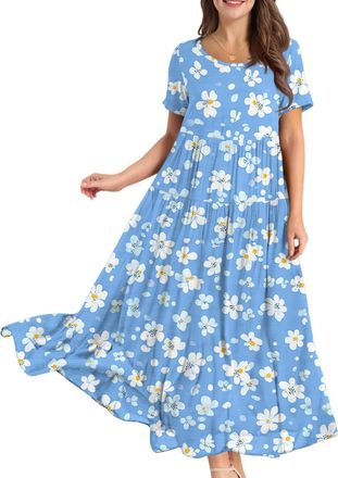 Generic Boho Dresses for Women UK, Womens Plus Size Summer Maxi Dresses Casual Short Sleeve Crew Neck Swing Long Sundress Flowy Tiered Party Dress for Beach 5