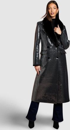 Coast Faux Fur Collar Sequin Longline Coat in Black at Nordstrom, Size 10