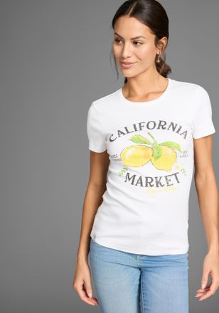 Kangaroos Kurzarmshirt KANGAROOS, Damen, Gr. 32/34, gelb (wei&szlig;, gelb), Rippware, Obermaterial: 100% Baumwolle, bedruckt, Basic h&uuml;ftlang, Rundhals, Shirts Kurzar