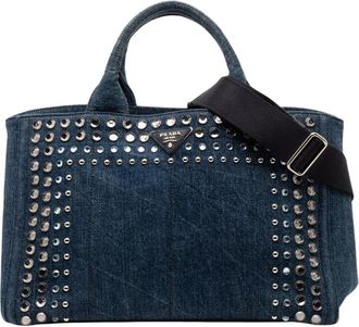Prada Pre-owned Tote Bags, female, Blue, Size: ONE SIZE Pre-owned Studded Denim Tote Bag