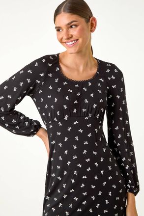 Roman Bow Print Lace Detail Stretch Dress