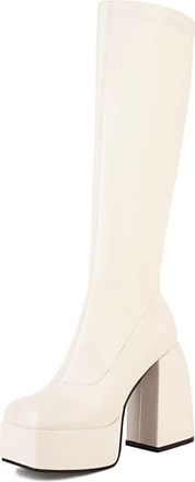 Generic Womens Knee-High Platform Block Heel Boots PU Leather Round Toe Side Zipper White Black Stylish Comfortable For Party Casual And Daily Wear,White,8.5 