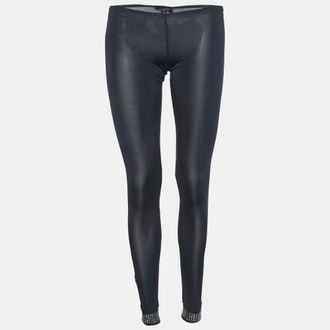 Elisabetta Franchi Navy Blue Jersey Studded Hem Leggings