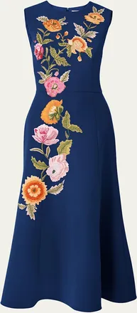 Carolina Herrera Floral Embroidered Sleeveless Midi Dress