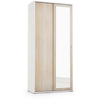 Dmora Guardaroba Abduhl, Armadio a 2 ante scorrevoli e specchio, Mobile con barra appendiabiti e ripiani, 100% Made in Italy, 90x45h195 cm, Rovere e Bianco
