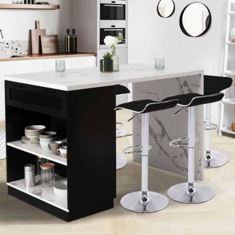 IDMarket Idmarket - Vito 130 Cm Isla Central De 4 Plazas Negra Con Encimera Efecto M&aacute;rmol Alaska