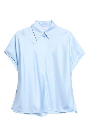 Bottega Veneta Layered Short Sleeve Silk Twill Button-Up Shirt in 4052 Oxford Blue at Nordstrom, Size 2 Us