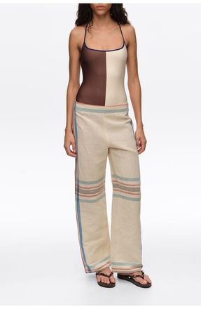 Bimba & Lola Linen Straight Ankle Length Striped Trousers in Ecru at Nordstrom, Size 36 Eu