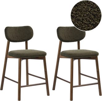 Beliani Set of 2 Bar Chairs Dark Brown and Green Boucle Rubber Wood Frame Upholstered Seat and Backrest Dining Room Kitchen MILLS