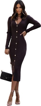 Generic Women Long Sleeve Knitted Bodycon Midi Dress Buttons Elasticity Office Elegant Dresses Coffee L