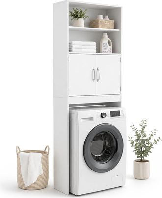 Relaxdays Relaxdays Mueble Sobre Lavadora Blanco, 4 Compartimentos, Para Lavadora/secadora/inodoro, (al X An X P) 185 X 63 X 20 Cm