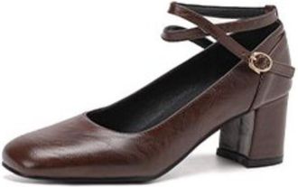 Generic Womens Vintage Square Closed Toe Leather Mary Jane Shoes Medium Chunky Heels Buckle Strap Pumps Evening Party Office Work Shoes,Brown,3.5 UK